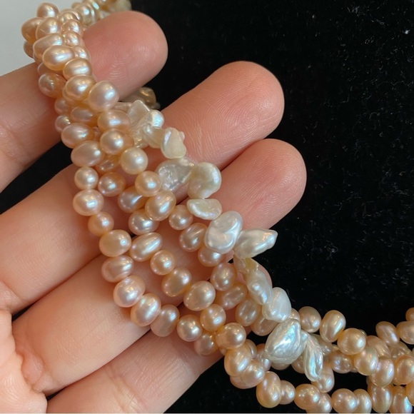 Freshwater Pearl Multistrand Necklace Abalone Shell Flower Clasp Sterling Silver - Picture 5 of 16